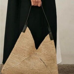 Massimo Dutti RAFFIA FLAT SHOPPER BAG WITH LEATHER HANDLE